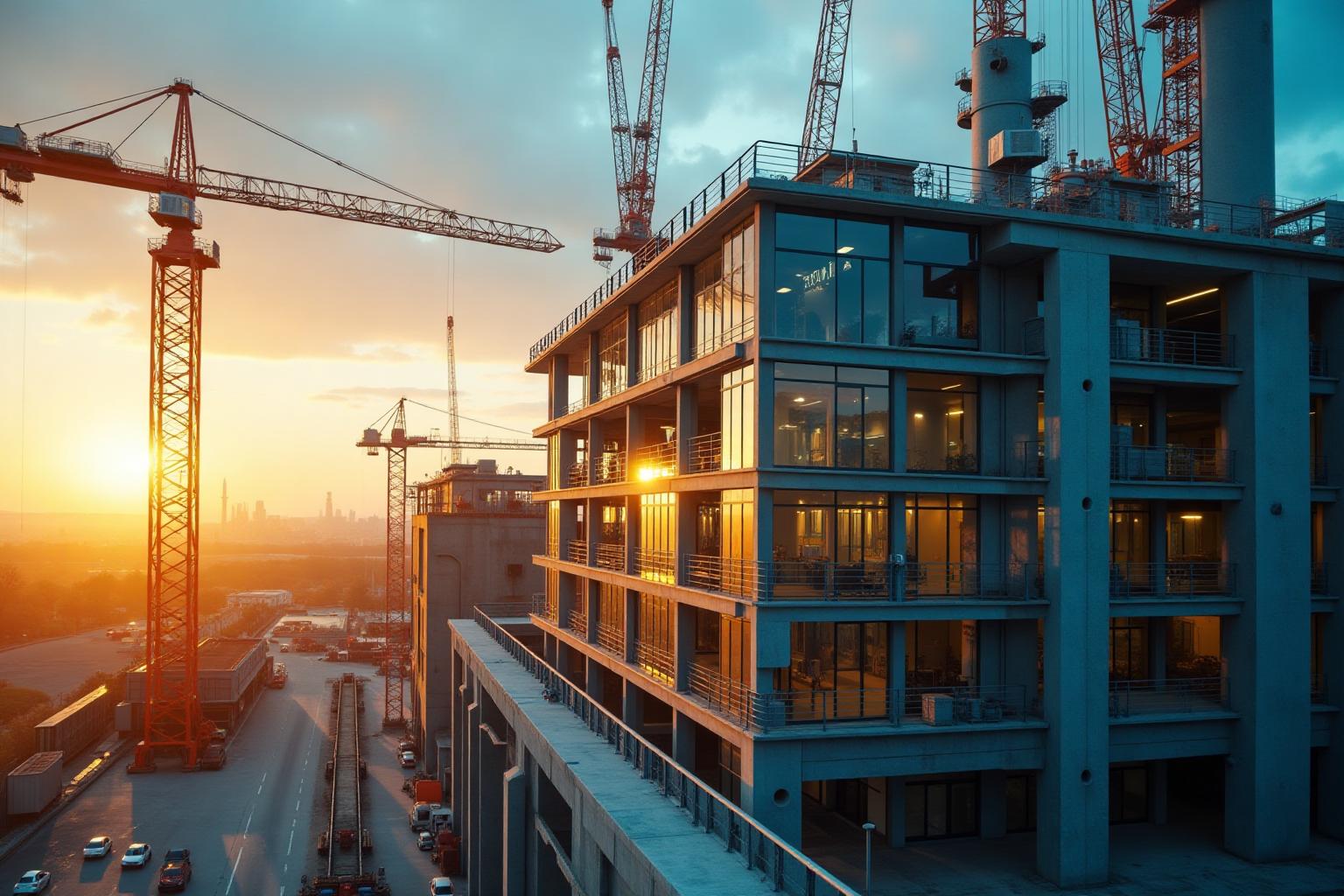 Edifício em construção com guindastes ao pôr do sol